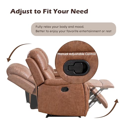 Image of CANMOV Faux Leather Manual Reclining Sofa Set, 2 Manual Single Recliner Chairs and 2 Seat Recliner Loveseat with Center Console, Hidden Storage and Cup Holders for Living Room,Bedroom Furniture,Brown