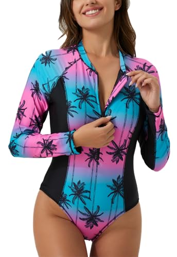 Ecupper Damen Badeanzüge Einteilige Rash Guard Langarm Reißverschluss Surfen Bademode Swimsuit mit BH Rot 42