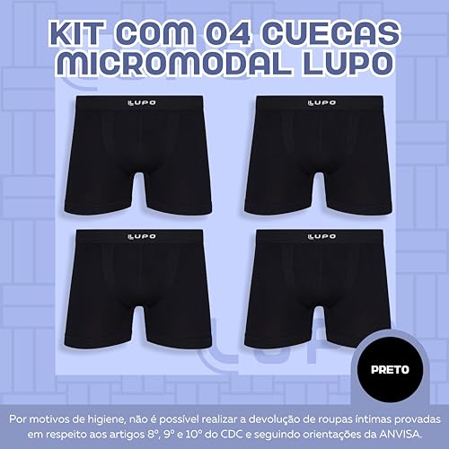 Kit 4 Cuecas Boxer MicroModal Lupo Sem Costura Modal Masculino Adulto, 4 Preto, M