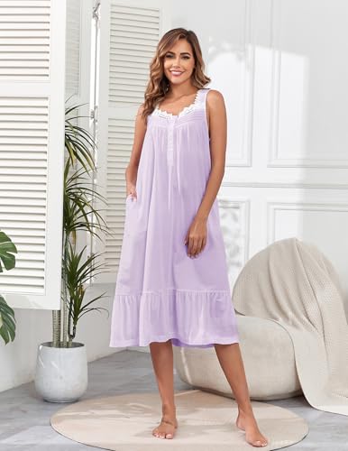 Image of Viakeo Cotton Nightgowns for Women Long House Dress Soft Sleepshirts With Pockets S-3XL