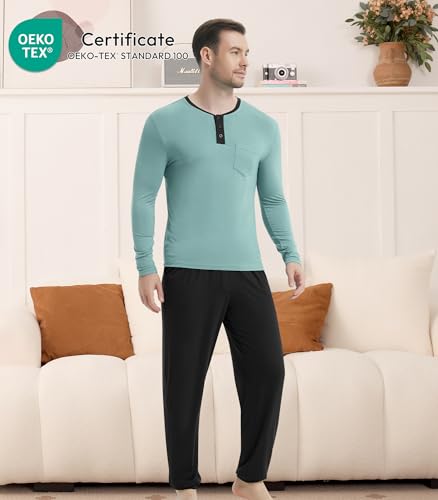 Image of NACHILA Mens Pajamas Set Long Sleeve Henley Sleepwear Top Soft Jogger Pants Pajamas Cool Pjs Set,Viscose Made from Bamboo