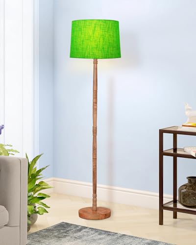 Image of Homesake Mid Century Modern Floor Lamp for Living Room | Hand Turned | Corner Lamp for Living Room, Stand Lamp with Fabric Lampshade for Bedroom, Study Room and Office, (Green)