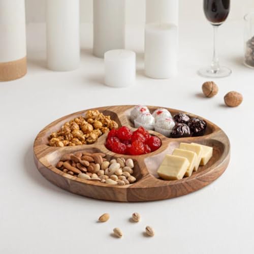 Image of Aurum Crafts Round Acacia Wood Snack Serving Platter | Premium Wooden Serving Plate for Snacks, Appetizers & Dry Fruits | Elegant Kitchen & Dining Table Platter