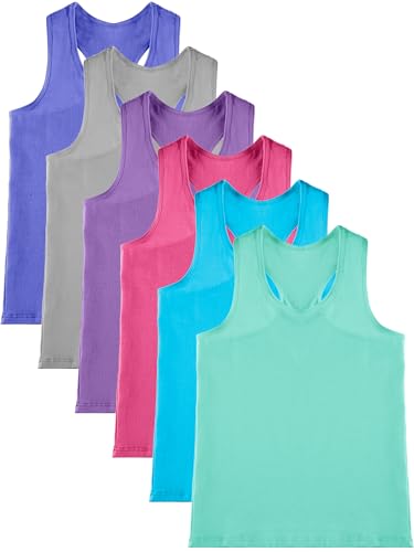 Geyoga 6 Pcs Girls Dance Tank Top Racerback Crop Tank Top Sleeveless Dance Top for Ballet Gymnastics Dancewear, Vibrant Color, 8-9 Years