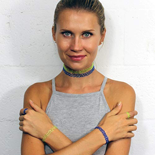 Bodyj4You 30Pc Choker Necklace Bracelet Ring Set | Henna Tattoo 90S Old-School Style | Kids Teens Girls Women | Vibrant Rainbow Black Pink Green Blue Red Clear White | Stretch Elastic Jewelry #TOP3