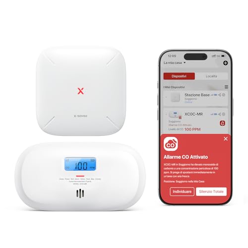 X-Sense Rilevatore di Monossido di Carbonio, sensore di CO a lunga durata 10 anni, intelligente con App e notifiche istantanee, allarme compatibile con stazione base SBS50, XC0C-MR11
