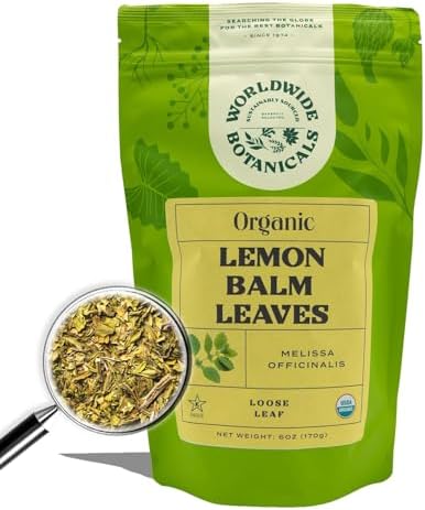 Worldwide Botanicals Organic Lemon Balm Tea - Loose Leaf Premium Herbal Tea | 100% Pure Lemon Balm Leaves | Calming Tea for Stress Relief and Good Digestion | Kosher, 6 Ounces