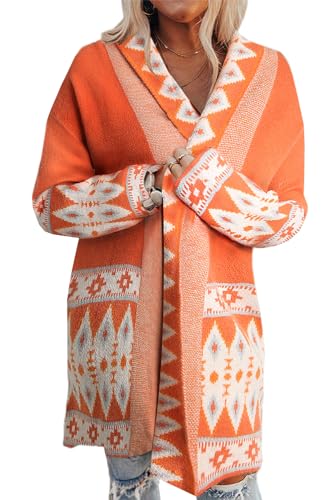 Women's Stylish Orange Aztec Print Open Front Knitted Cardigan