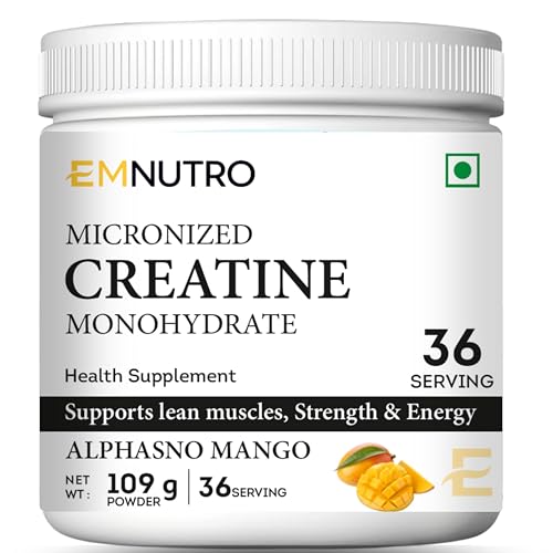 Image of Creatine Monohydrate Micronized Powder, Alphonso Mango Flavour, 109 g | Easy Mix Creatine Supplement for Men & Women | Pre & Post Workout | Gym & Fitness Supplement