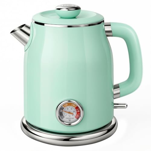 Mecity Retro Electric Kettle 1.7L, Stainless Steel Interior (No Plastic Contact), Double Wall Cool Touch, Fast Boil 1500W, Thermometer (°F/°C), Removable Lid, Wide Opening Easy Cleaning, 120V, Green