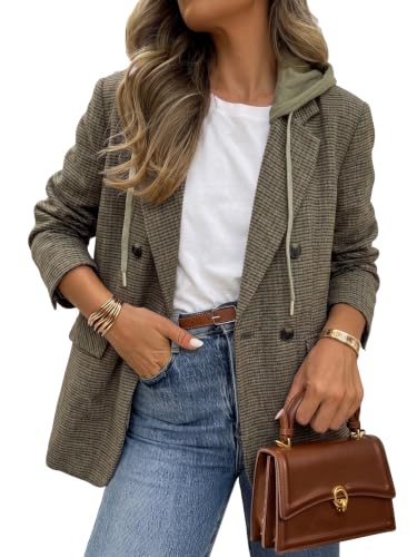 Image of Mina Self Tweed Plaid Blazers for Women Wool Double Breasted Hoodies Long Jacket Blazers for Business Casual Wool Fashion Dressy Hooed Fall Winter Outfits Clothes for Women 2024 LG S