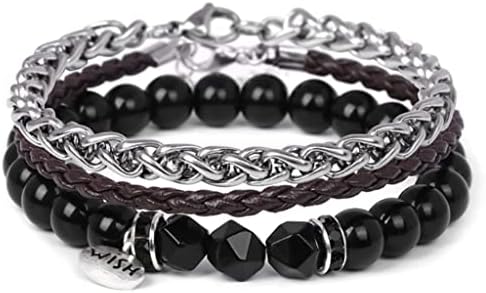 Bracciale Uomo Bracciale in Acciaio Inox e Pelle Fatto a Mano Bracciali di Perle di Pietre Naturali Occhio di Tigre Ossidiana Turchese Regali Uomo Regalo Fidanzato Gioielli Uomo Ciondolo dei Desideri