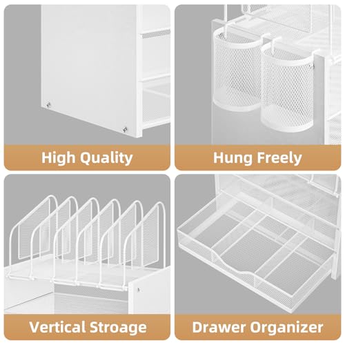 Image of Marbrasse Desk organizer with Drawer, 4-Tier Wooden File Organizer with 5 Vertical File Holders and 2 Pen Holders, Desk Organizers and Accessories for Home Office - White