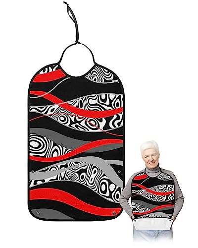 Modern Red Adult Bib for Eating with Crumb Catcher,Washable & Waterproof Terry Cloth Adjustable Elderly Women Men Adult Bibs Funny Clothing Protector Minimalist Geometric Abstract Zebra Black White