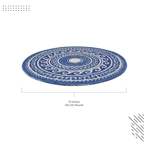 Image of Dining Table Mats Set of 2 | Cotton Table Mat 32 cm Diameter, Encasa XO Washable Round Table Mats, Heat Resistance Dining Table Placemats, Handmade Ribbed Style for Centre Table, Blue Mandala Print