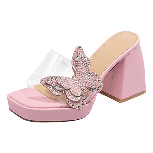 Zapatillas gruesas y sandalias transparentes de tacón alto morado para mujer con mariposas