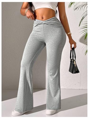 OYOANGLE Women's Twist Front Elastic High Waist Flare Pants Skinny Casual Workout Bell Bottoms Trousers4
