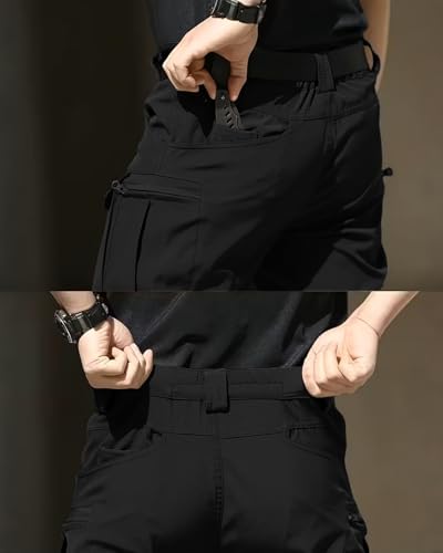 LRYXXX Men's Tactical Pants Stretch Waterproof Fabric Durable Cargo Pants for Hiking Casual Work Multi Pockets (No Belt),Black