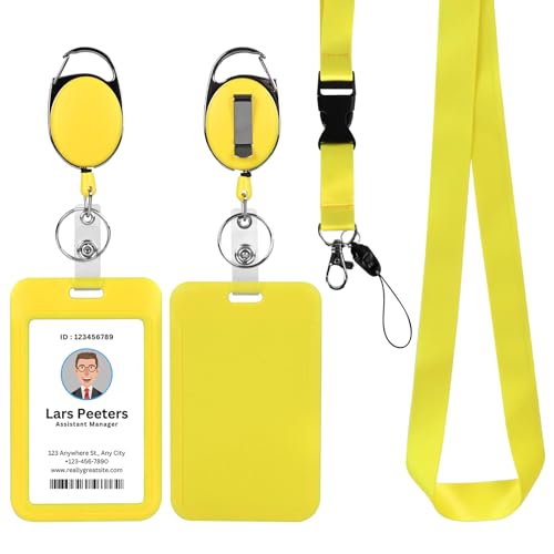 Image of Yellow Lanyard with Vertical Id Holder, Retractable Heavy Duty Oval Carabiner Clip, ABS Casing Badge Holders,for Teacher Student Nurse Office