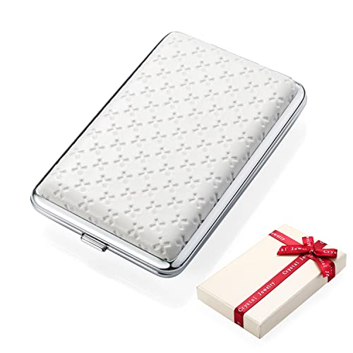 Hopewey Petit étui à cigarettes en cuir PU 4 couleurs pour femme, noir, blanc, rouge, bleu, boîte à cigarettes en métal, pour 14 cigarettes avec coffret cadeau (blanc) Cover
