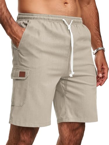 Zetieny Pantalones Cortos Cargo de Lino Hombre Verano con Cintura Elástica
