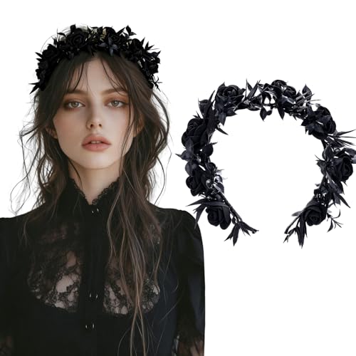 Flagogoo Black Crown Flower Headband - Foam Rose Flower Crowns for Women Girl Floral Headband Headpiece Renaissance Accessories Party Halloween Headwear Shoot Props
