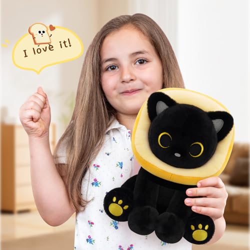 Image of Black Cat Plush - 8inches Cat Stuffed Animal with Toast Bread | Removable Hood, Cute Plushie Soft Kitten Doll Toy for Kids Boys Girls, Birthday Gifts