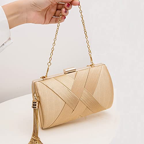 Women's Elegant Tassel Pendant Silk Evening Bag Clutch Purse For Bride Wedding Prom Night Out Party-Gold #TOP3