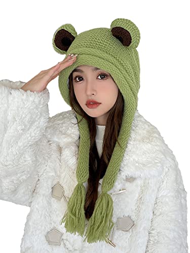 Obosoyo Frog Hats Adult Cute Beanie Crochet Knitted Hat Big Eye Frog Winter Ear Warmer Protective Beanie Hats Caps Outdoors Autumn Green