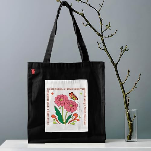 Image of ZORI Black Tote Bag With Pocket Printed Designed Canvas Tote Bags For Women large capacity,Tote bag For Shopping, College, Travel, More Canvas Handbag For Unisex Bag