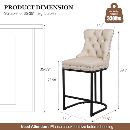 Image of UVV Counter Height Bar Stools Set of 2, 26 inch Modern Barstools with Back, Faux Leather Upholstery Counter Chairs with Metal Legs for Kitchen Island, Bar, Counter, Beige