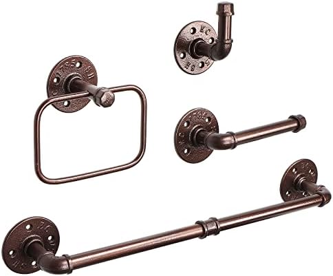 NearMoon 4 Pieces Industrial Pipe Bathroom Hardware Set, Include 18 Inch Towel Bar, Towel Ring, Toilet Paper Holder and Robe Hook, Heavy Duty Rustic Iron Decor Wall Mounted Accessories Kit (Bronze)