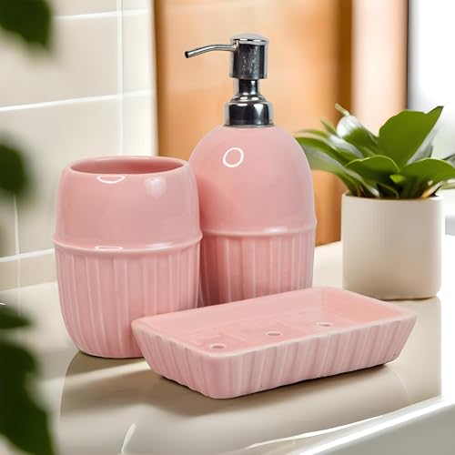 Image of Ceramic Bathroom Accessories Set for Utility and Bathroom Decor | Liquid Soap Dispenser, soap Tray, Toothbrush Holder (Exclusive Bathroom Set) (Pink)