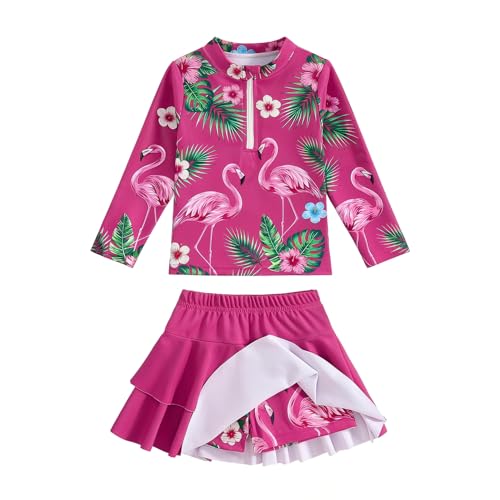 Image of Girls Rash Guard Swimsuit Set UPF 50+ Long Sleeve Two Piece Swimwear Half Zip with Skirt Bottom for Kids 3-10Y
