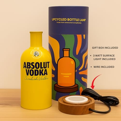 Image of KAVI EcoGlow Upcycled Yellow Bottle Lamp with Wooden Base & Built-in LED Light for Home & Bar Decor