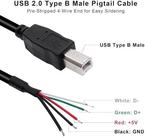Xilaghy USB 2.0 Type B Pigtail Cable, USB B Male to 4 Core Open Bare Wire Soldering Power Data Replacement Cord for Printer Scanner DIY Wiring, Black, 2Pack(23in/59cm) — view 2