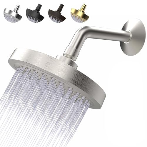 High Pressure Shower Head - Anti-Clogging Silicone Nozzles - 2.5 GPM Removable Restrictor - Easy to Clean Adjustable Replacement - easy to install with Plumbers Tape - 6 inch - Brushed Nickel Finish