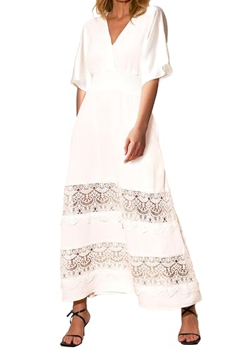 Women's Boho Maxi Dress Short Sleeve V Neck Long Flowy Dresses Smocked Waist Lace Wedding Guest Dress with Pockets