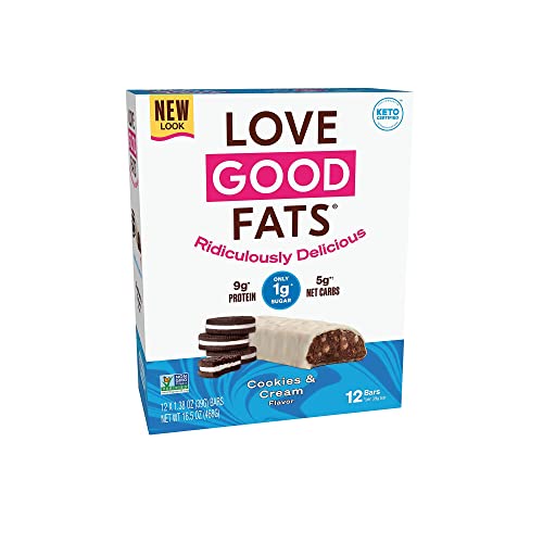 Love Good Fats - Cookies And Cream Keto Bars - Keto Friendly Protein Bars With Natural Ingredients - Gluten-free, Low Carb Ketogenic Bar with 9g of Protein and Coconut Oil - 1.32 oz Bars (12 Count)