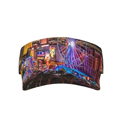 Las Vegas Night View Print Adult Sunscreen Visor Cap â€“ 100% Polyester Twill, Adjustable Velcro, Open Top Design Black