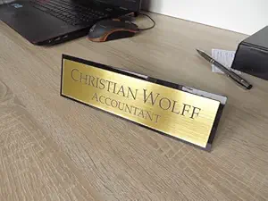 Personalised Desk Name Plate, Custom Engraved Desk Sign, Plaque, Office Sign Acrylic Name Plate| Black Acrylic and Gold Engraving Sheet with Lettering Size 21 * 6 * 5 cm