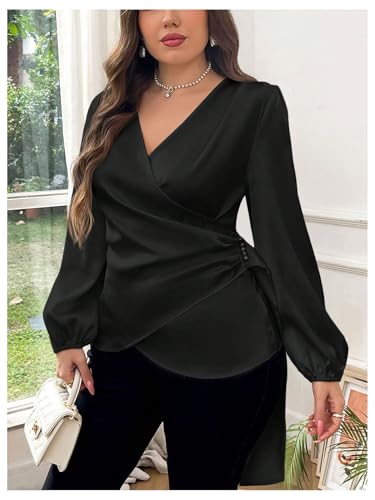 Floerns Blusas femininas plus size de cetim assimétrico franzido gola V manga longa, Preto, XGG