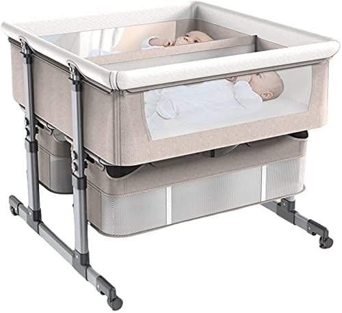 Twin Crib,Bedside Crib with Mattress Adjustable Height Travel Cot Foldable Dolls Cots Aluminum Alloy Toddler Bed with Storage Basket,Khaki Every Family