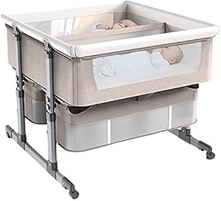 Twin Crib,Bedside Crib with Mattress Adjustable Height Travel Cot Foldable Dolls Cots Aluminum Alloy Toddler Bed with Storage Basket,Khaki Every Family