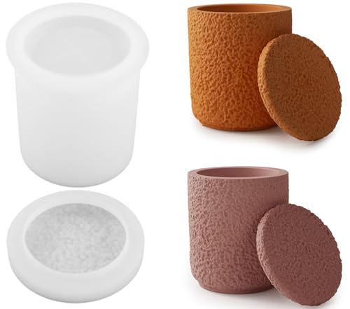 LSLEVA Storage Box With Lids, Silicone Jar Molds Set, Creative Vessels Pot Molds, Concrete Round Stripe With Cover Bottle Making Moulds for Candle Holder Storage (D-Rough Tall)