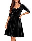 Black Velvet Party Dress Plus Size Long Sleeve Midi Dress Christmas Winter Wedding Guest A-Line V-Neck Cocktail Gown V-Black 2XL