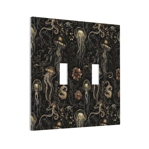 Decorative Switch Plate Covers Black Gold Jellyfish Squid Deep Sea Creatures 2 Gang Light Switch Cover Plate Unique Double Toggle Wall Plate Outlet Covers for Bedroom Home Decor