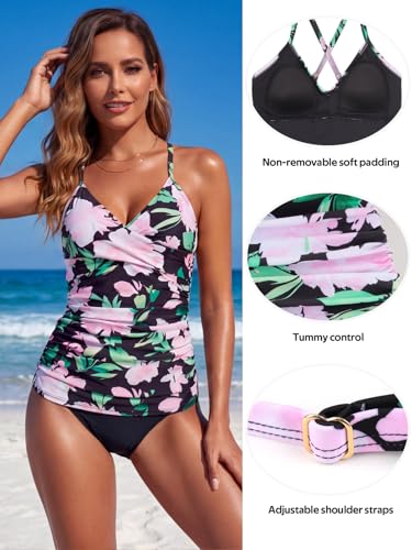 Image of RELELCIGA Women's Tankini Top V Neck Ruched Tummy Control Bathing Suit Top