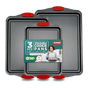 Baking Pan Set 3 Piece Cookie Sheet Deluxe Black Non-Stick Carbon Steel Silicone Handles Commercial Grade Restaurant Quality PFOA PFOS and PTFE Free by Bakken
