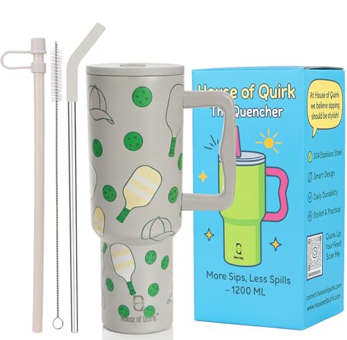 Image of House of Quirk 1200ML Stainless Steel Tumbler with Handle & Lid, 2 Straws - Large Travel Mug Water Cup for Gym, Office & Outdoor Use (Pickleball)